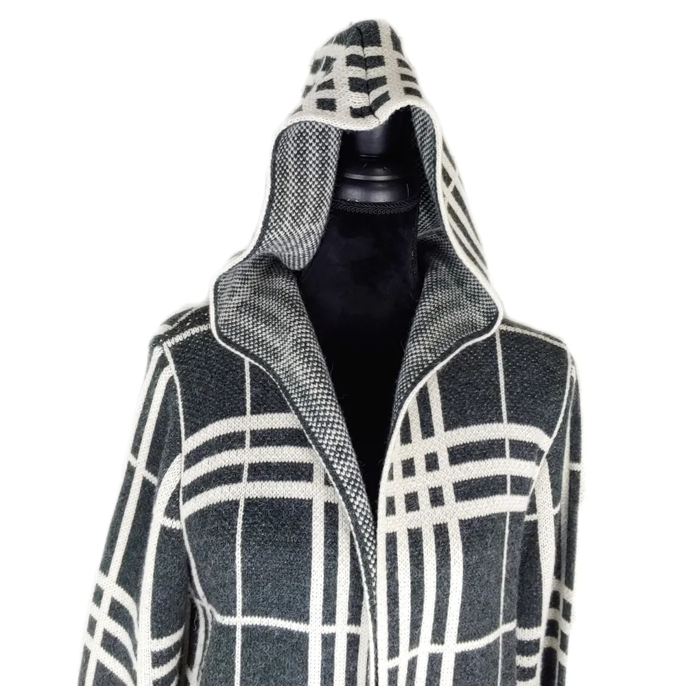 Heathmoor Womens Gray & Cream Glen Plaid Hooded Open Long Cardigan Coat Size S - Picture 6 of 10